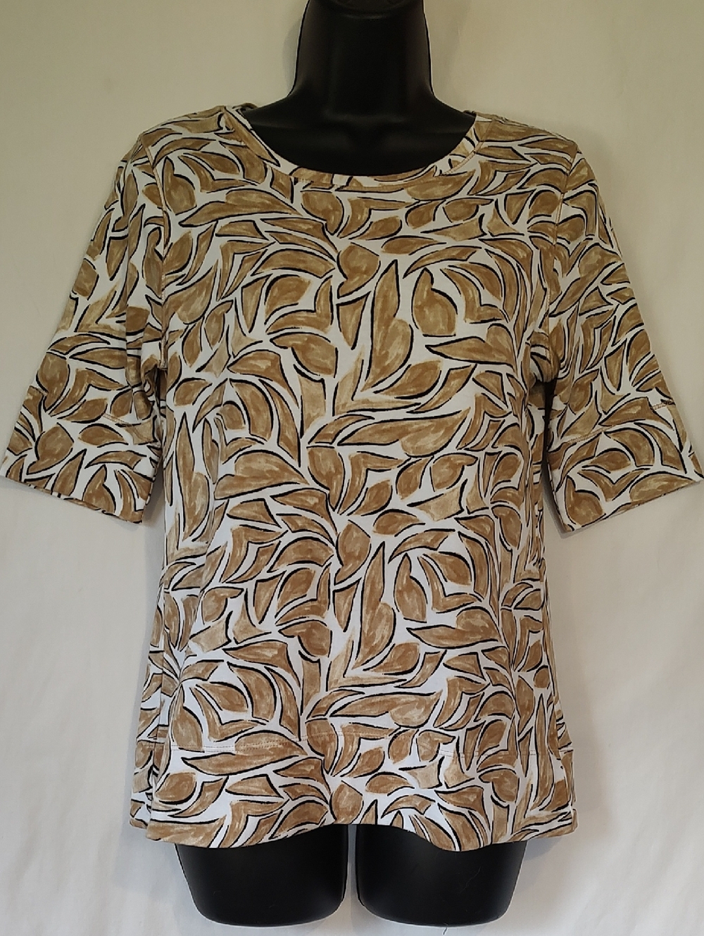 Chico's Tan and White Leaf-Print Short Sleeve Tee